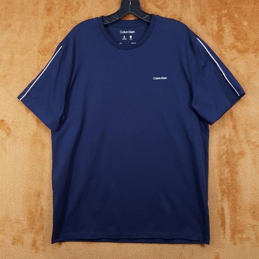 CALVIN KLEIN Shirt Mens Medium Blue Pullover Crew Piped Short Sleeve Logo Tee
